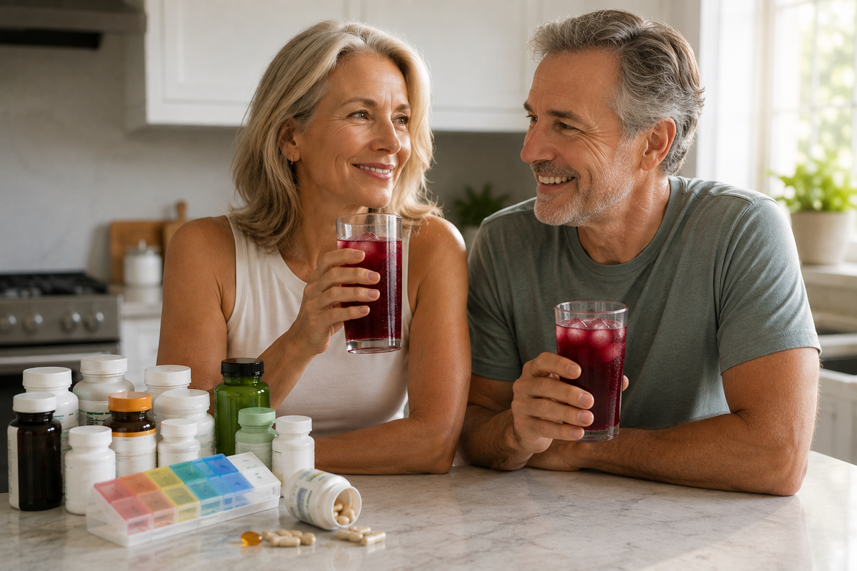 Kinwell Daily Essentials Reds mixed in a glass on a kitchen counter
