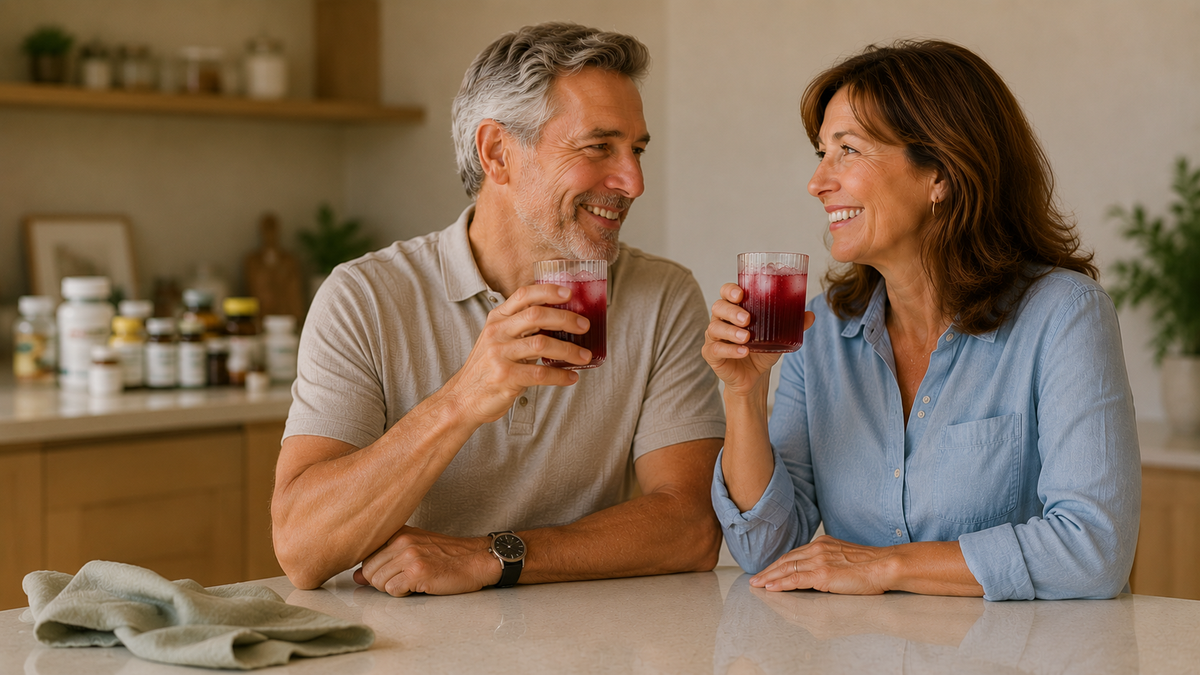 Kinwell Daily Essentials Reds mixed in a glass on a kitchen counter