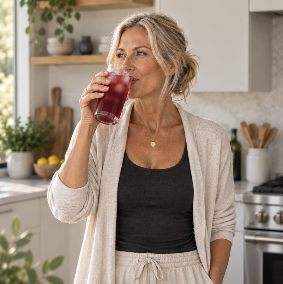 Kinwell Daily Essentials Reds mixed in a glass on a kitchen counter