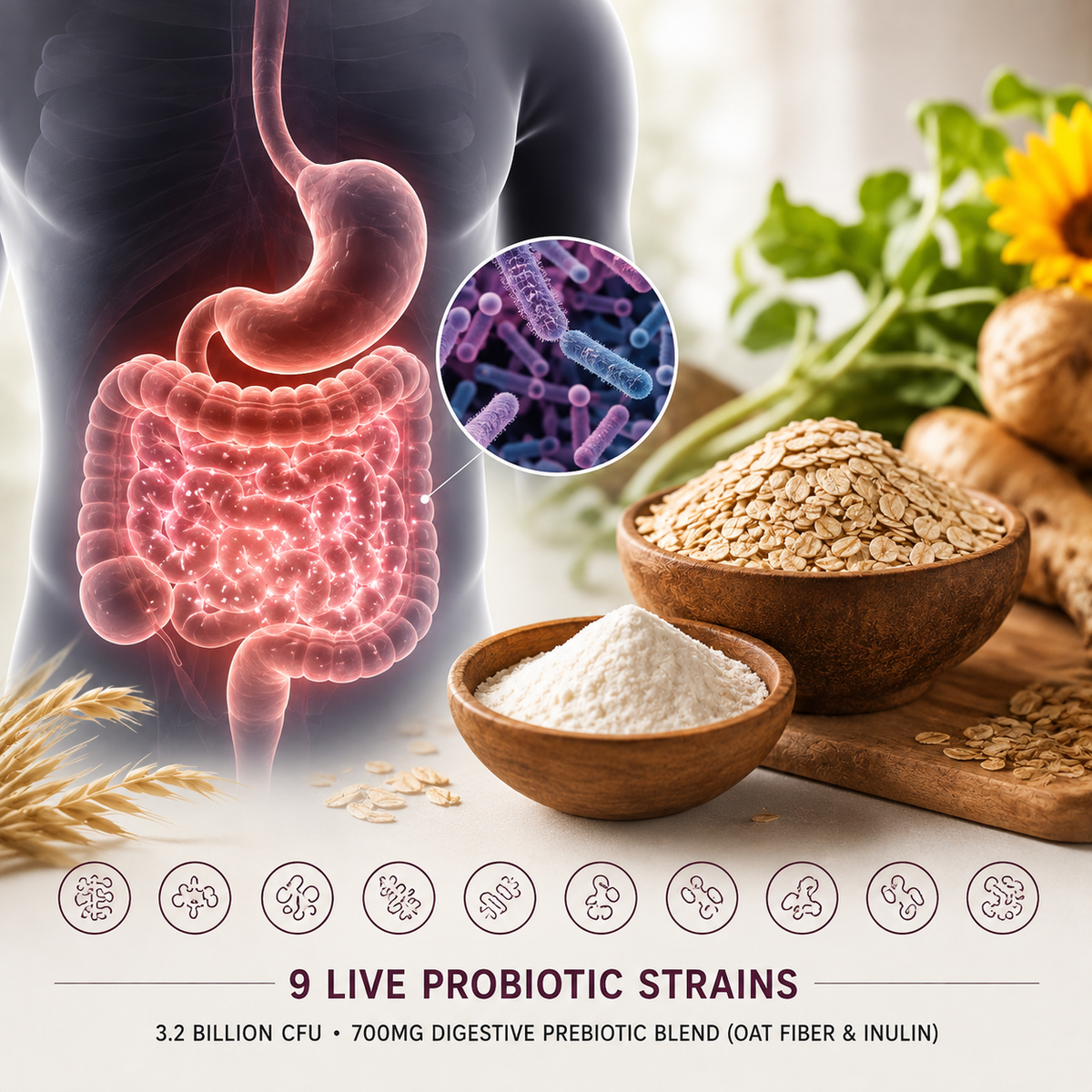 9 live strains and 3.2 billion CFU, plus the fiber to feed them.